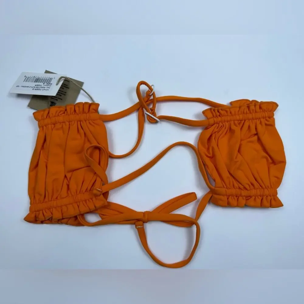 NWT Free People x Toast Ruffle Bikini Bandeau Bikini Top Tiger Orange Size Sm